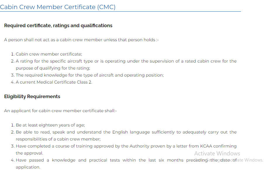 Cabin crew member certificate requirements in Kenya
