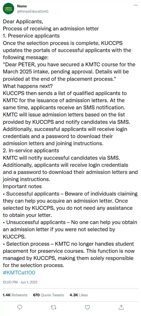 KMTC admission letters